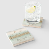 ビーチアクアブルーグラデーション金ゴールドグリッジスパークル ストーンコースター (横)