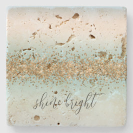 ビーチアクアブルーグラデーション金ゴールドグリッジスパークル ストーンコースター