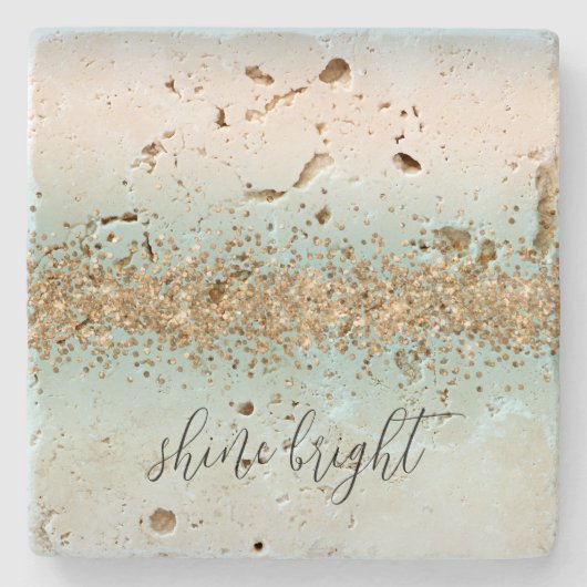 ビーチアクアブルーグラデーション金ゴールドグリッジスパークル ストーンコースター (正面)