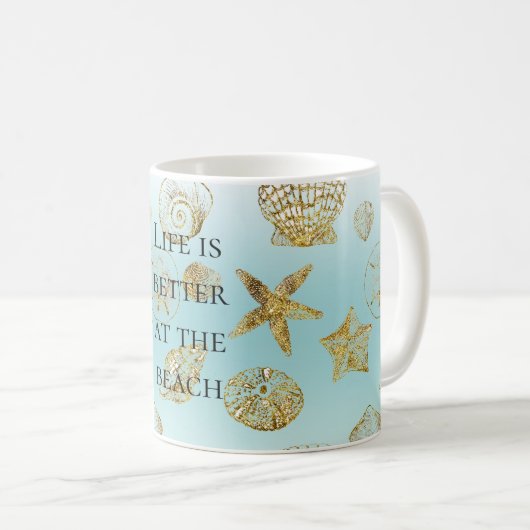 ビーチアクアブルーグラデーション金ゴールドシーシェル コーヒーマグカップ (正面右)
