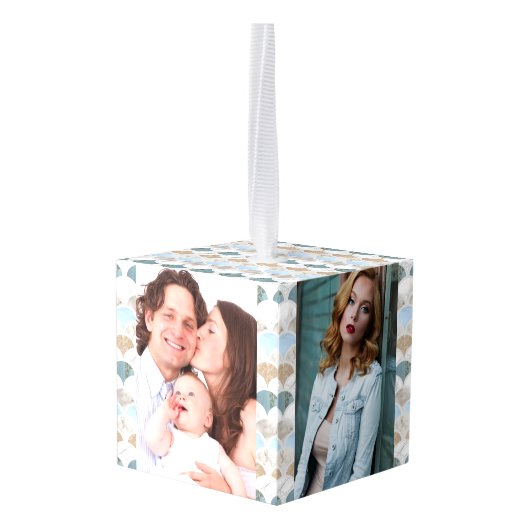 ビーチアクアブルーホワイトマーブルパステルマーメイドはかりで測 キューブオーナメント (裏面アングル)