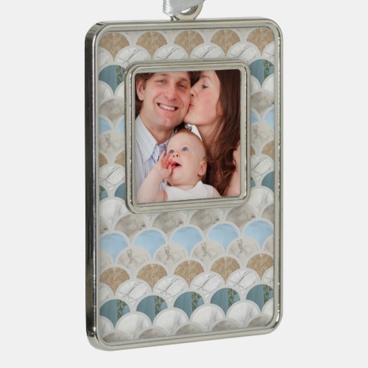 ビーチアクアブルーホワイトマーブルパステルマーメイドはかりで測 シルバープレートフレームオーナメント (右)