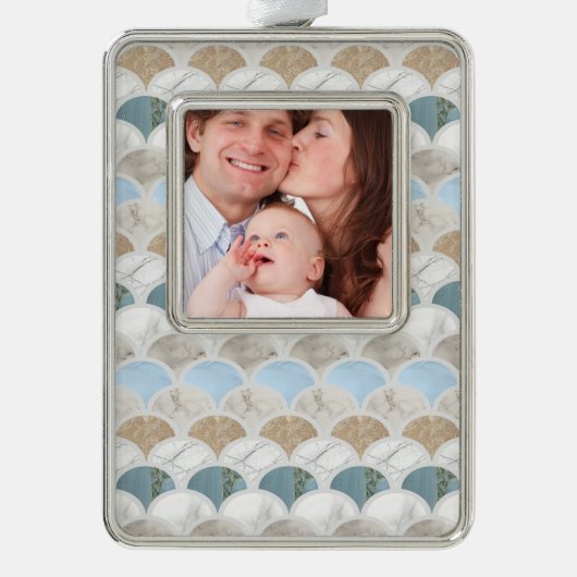 ビーチアクアブルーホワイトマーブルパステルマーメイドはかりで測 シルバープレートフレームオーナメント (正面)