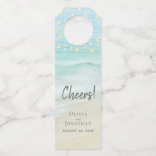 ビーチアクアブルー結婚コースタルライト ボトルネックタグ (正面)