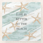 ビーチアクアミントスターフィッシュストライプズ結婚ズ ガラスコースター (正面)