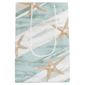 ビーチアクアミントスターフィッシュストライプブライダルシャワー ミディアムペーパーバッグ (裏面)