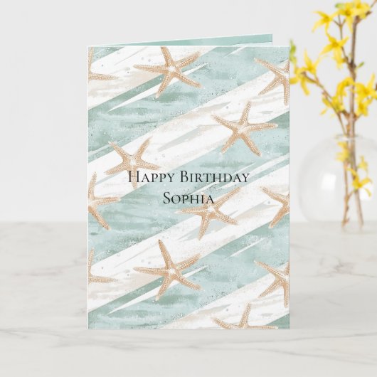 ビーチアクアミントスターフィッシュストライプ誕生日 カード (黄色い花)