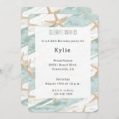 ビーチアクアミントスターフィッシュストライプ誕生日 招待状 (正面/裏面)