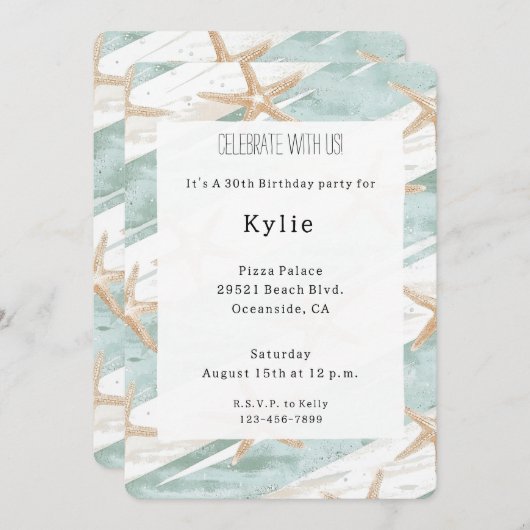 ビーチアクアミントスターフィッシュストライプ誕生日 招待状 (正面/裏面)