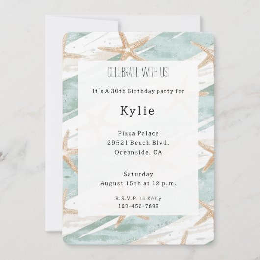 ビーチアクアミントスターフィッシュストライプ誕生日 招待状 (正面)