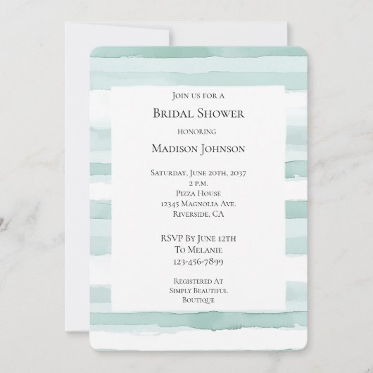 ビーチアクアミントストライプブライダルシャワー 招待状 (正面)