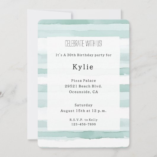 ビーチアクアミントストライプ誕生日 招待状 (正面)