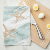 ビーチアクアミントヒトデストライプス キッチンタオル (四つ折り)