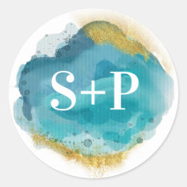 ビーチアクア及び金ゴールドイニシャル結婚式用シール ラウンドシール
