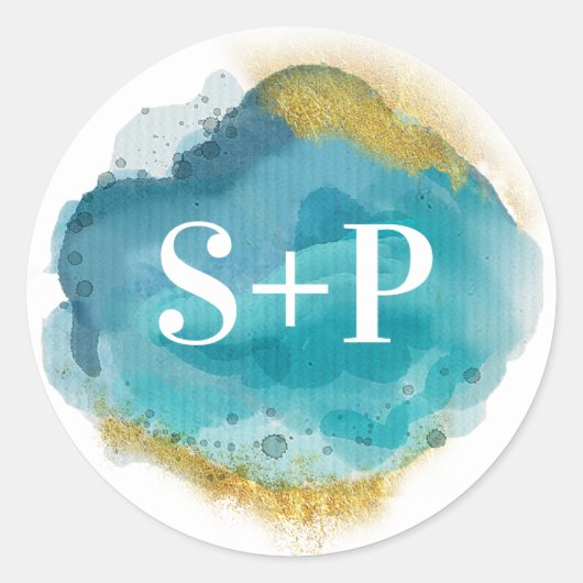 ビーチアクア及び金ゴールドイニシャル結婚式用シール ラウンドシール (正面)