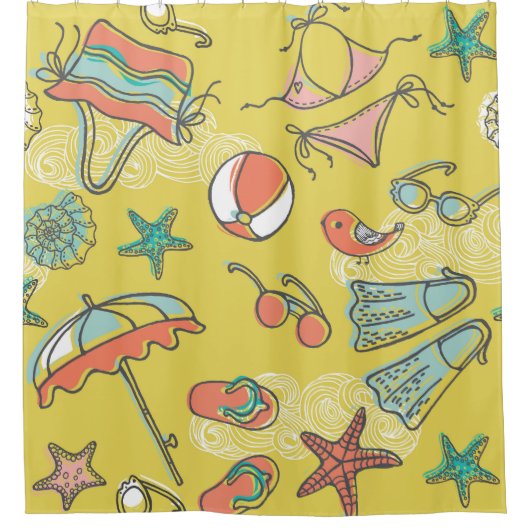 ビーチアクセサリー:夏のシームレスパターン。 シャワーカーテン (正面)
