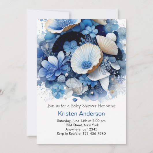 ビーチアドベンチャーシーシェルボーイベビーシャワー 招待状 (正面)