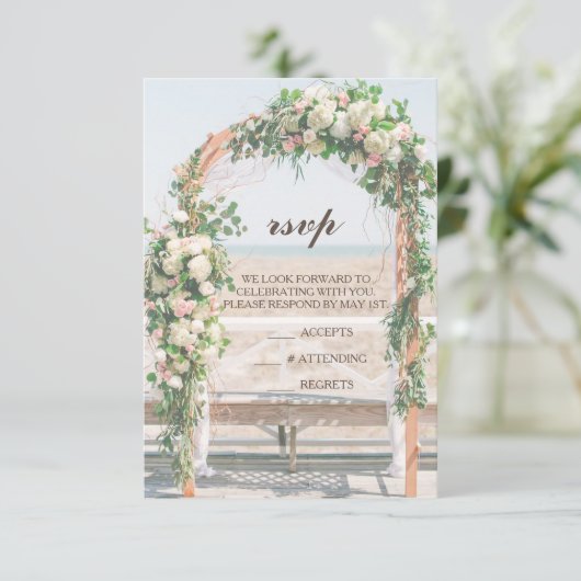 ビーチアーバーサンセットRSVP結婚式招待状 出欠カード (スタンド正面)