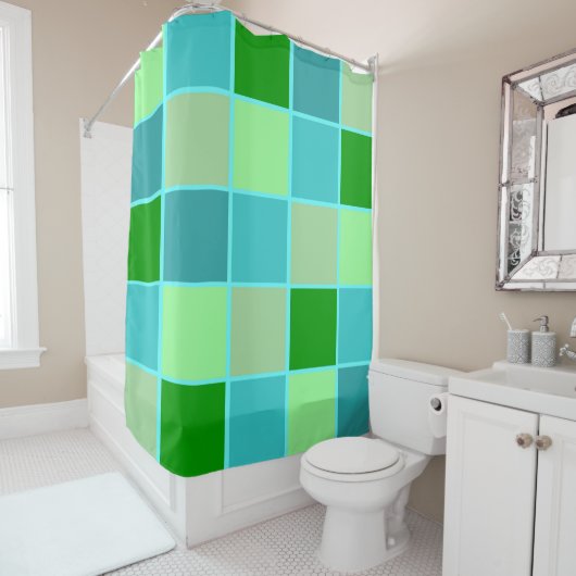ビーチイブルーとグリーンスクウェア シャワーカーテン (インサイチュ)