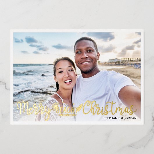 ビーチイメリークリスマスおもしろいの休暇写真 箔シーズンカード (正面)