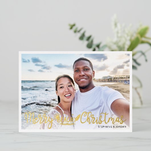 ビーチイメリークリスマスおもしろいの休暇写真 箔シーズンカード (立ち正面)