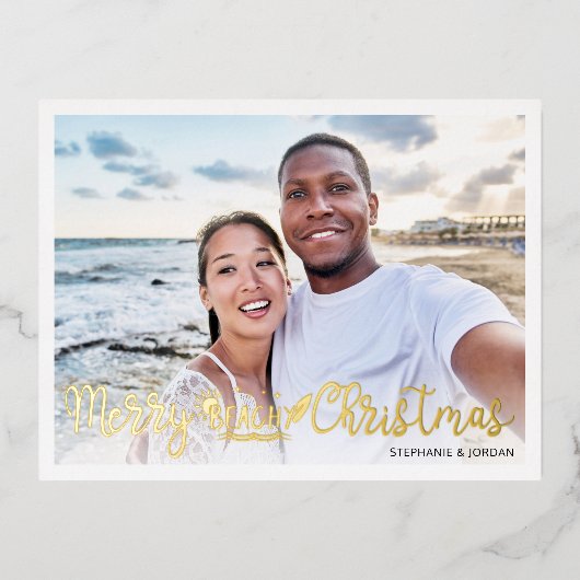 ビーチイメリークリスマスおもしろいの休暇写真 箔シーズンポストカード (正面)