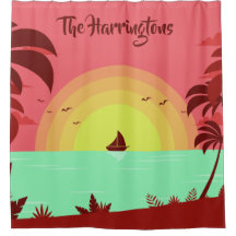 ビーチイラストレーション名前をカスタムするシャワーカーテン