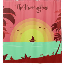 ビーチイラストレーション名前をカスタムするシャワーカーテン シャワーカーテン