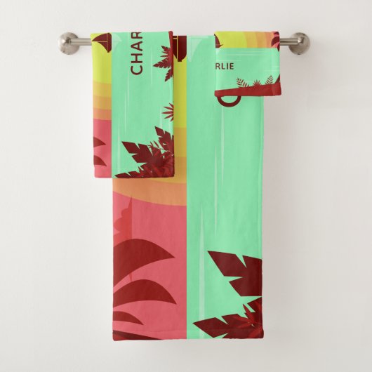 ビーチイラストレーション名前をカスタムするタオルセット バスタオルセット (インサイチュ)