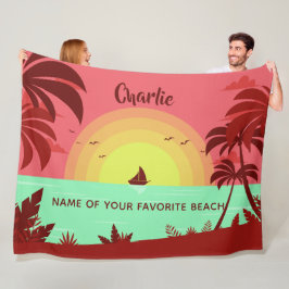 ビーチイラストレーション名前をカスタムする&文字毛布 フリースブランケット