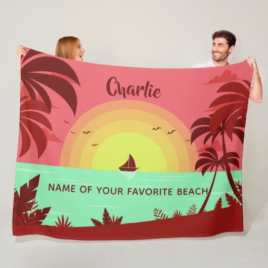 ビーチイラストレーション名前をカスタムする&文字毛布 フリースブランケット (インサイチュ)
