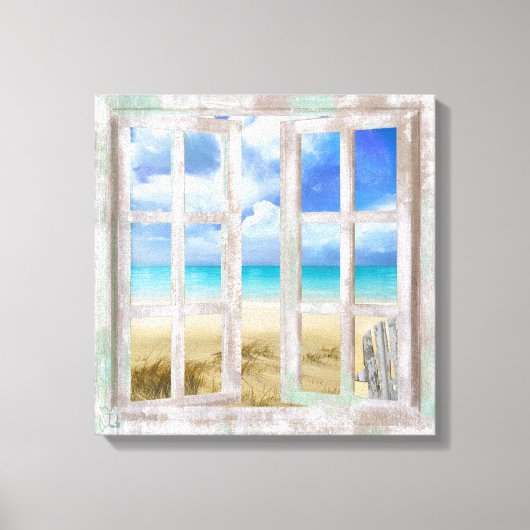 ビーチインオープンウインドウコースタルコテージ包まれた キャンバスプリント (正面)