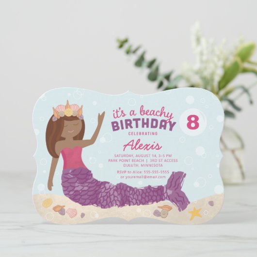 ビーチイ誕生日マーメイド招待状ピンクパープル 招待状 (スタンド正面)