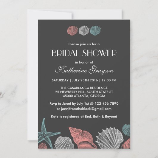 ビーチウェディングのための黒板貝殻招待状 招待状 (正面)