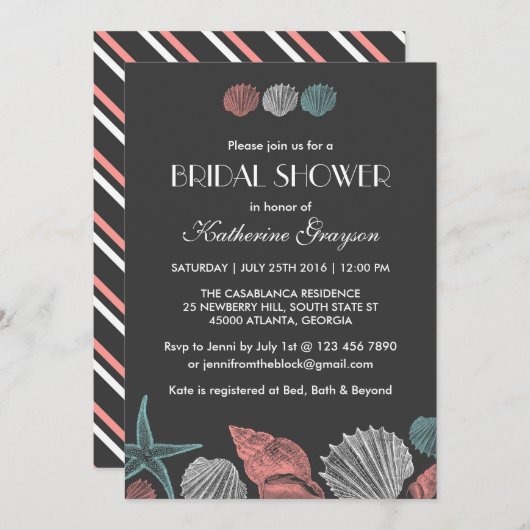 ビーチウェディングのための黒板貝殻招待状 招待状 (正面/裏面)