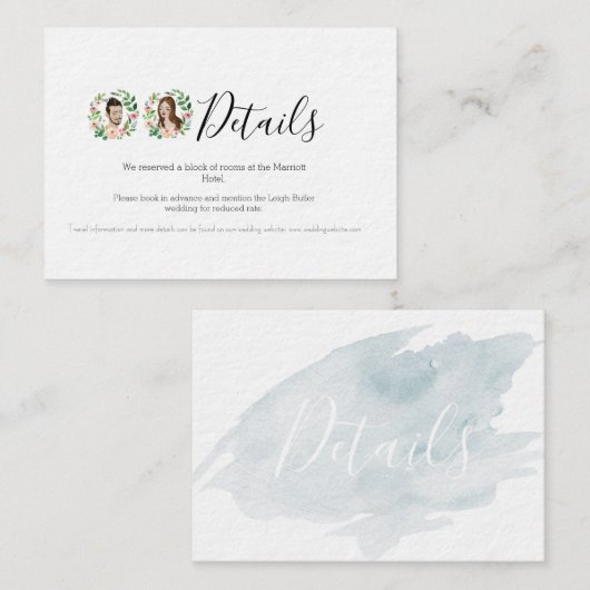 ビーチウェディングのイラスト入りウェディング詳細カード エンクロージャーカード (正面/裏面)