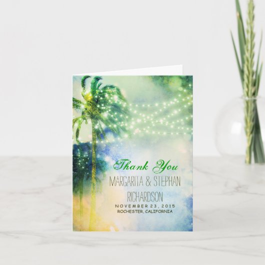 ビーチウェディングの感謝カード ライトとヤシの木 サンキューカード (正面)