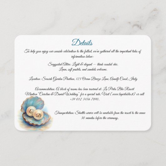 ビーチウェディングパール シェル エレガント オーシャンテーマ エンクロージャーカード (正面)