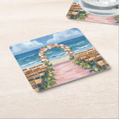 ビーチウェディング アイル フローラル ウォーターカラー スクエアペーパーコースター (アングル)