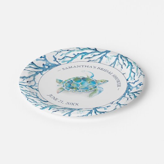 ビーチウェディング ウォーターカラー アカウミガメ ブライダルシャワー ペーパープレート (アングル)