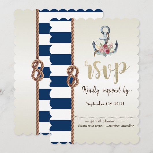 ビーチウェディング ネイビー ロープ ストライプ 返信 招待状 (正面/裏面)