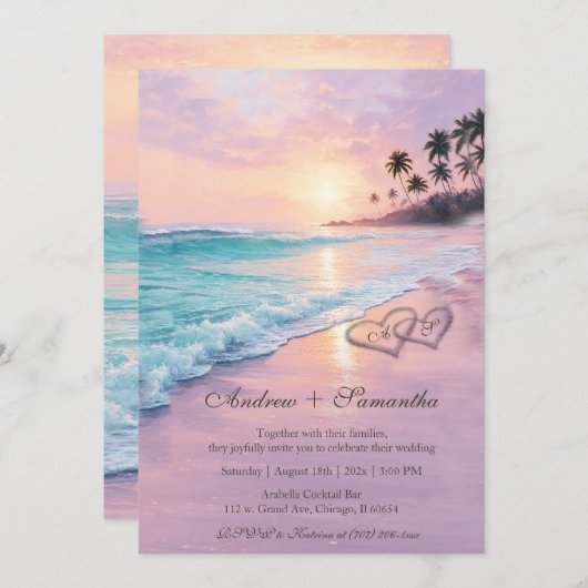 ビーチウェディング　編集可能なテンプレート 招待状 (正面/裏面)
