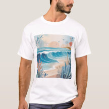 ビーチウェーブミニマルアートTシャツ - 穏やかな海岸の美意識