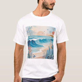 ビーチウェーブミニマルアートTシャツ - 穏やかな海岸の美意識 Tシャツ