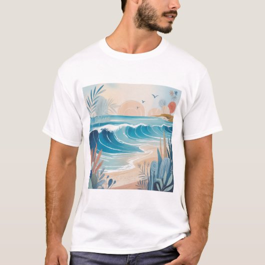 ビーチウェーブミニマルアートTシャツ - 穏やかな海岸の美意識 Tシャツ (正面)