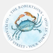 ビーチウォーターカラーカニラウンド差出人住所ラベル ラウンドシール (正面)