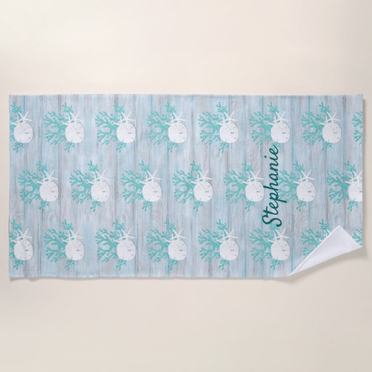 ビーチウッドサンドドルスターフィッシュアクアグリッター ビーチタオル (正面)