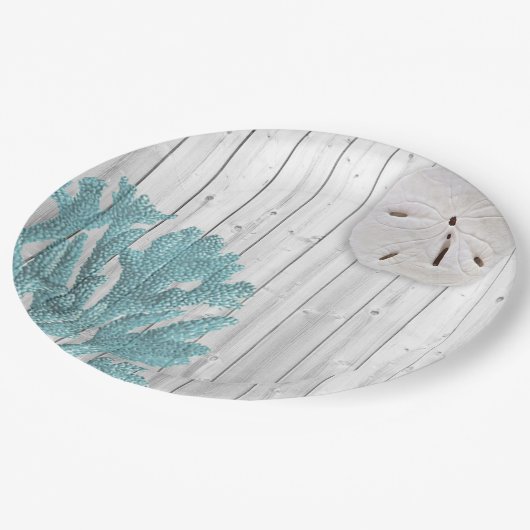ビーチウッドサンドドルティール（緑がかった色）コーラル紙プレート ペーパープレート (アングル)