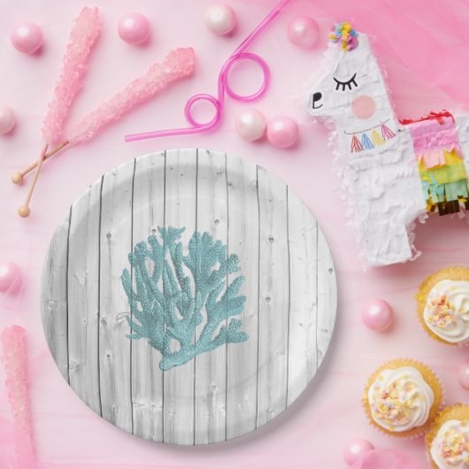 ビーチウッドティール(緑がかった色)サンゴ紙プレート ペーパープレート (パーティー)