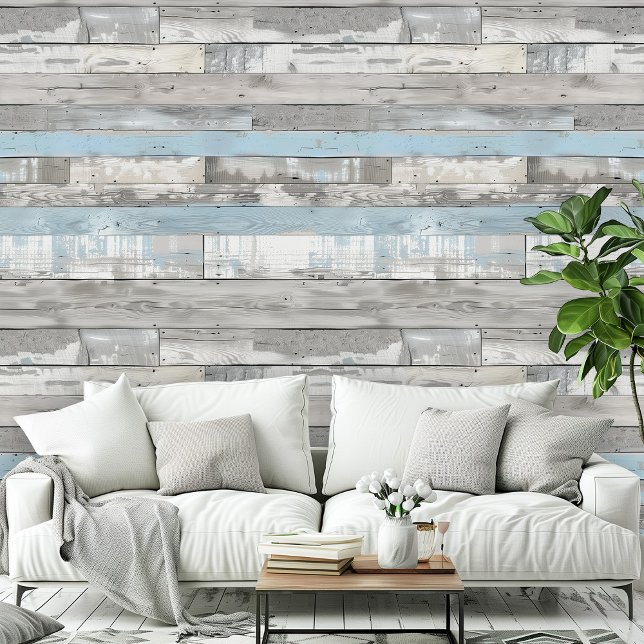 ビーチウッド動揺してライトブルーグレールームパターン 壁紙 (Distressed Beachwood Light Blue Gray Room Office Wallpaper)